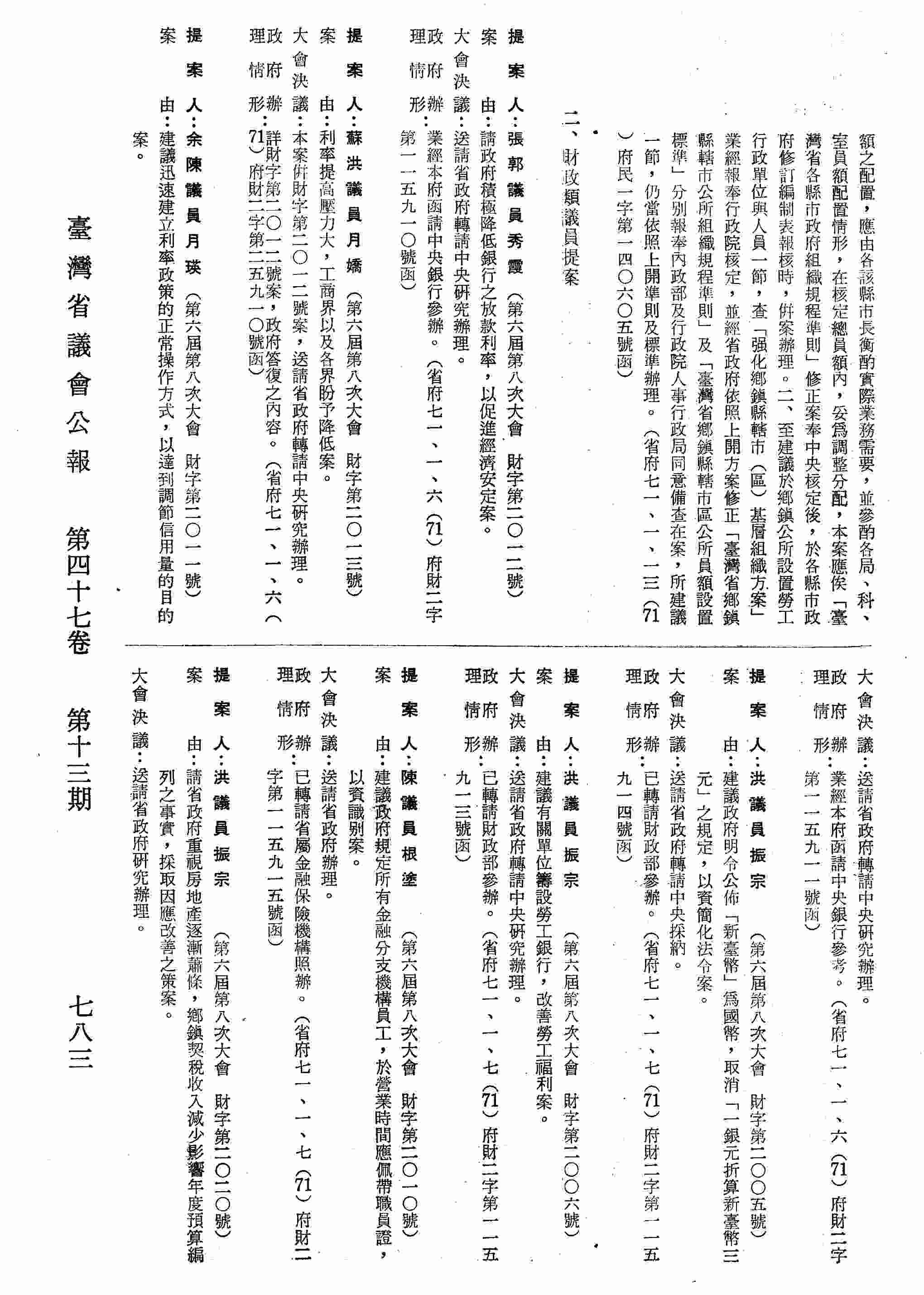 建議政府明令公佈「新臺幣」為國幣，取消「一銀元折算新臺幣三元」之規定，以資簡化法令案。（省府七一、一、七（71）府財二字第一一五九一四號函）