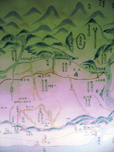 〈台灣民番界址圖〉圖中紅藍二線為官方認知的漢原勢力界線。