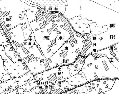  台灣堡圖（明治版）局部，地名旁有片假名拼音註記